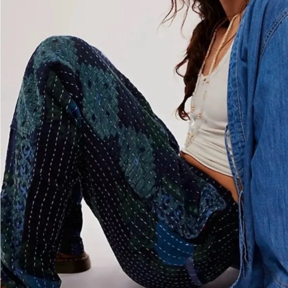 NWT FP Dr Collectors Textured Green and Indigo Pleated Kantha Pants - Picture 10 of 17